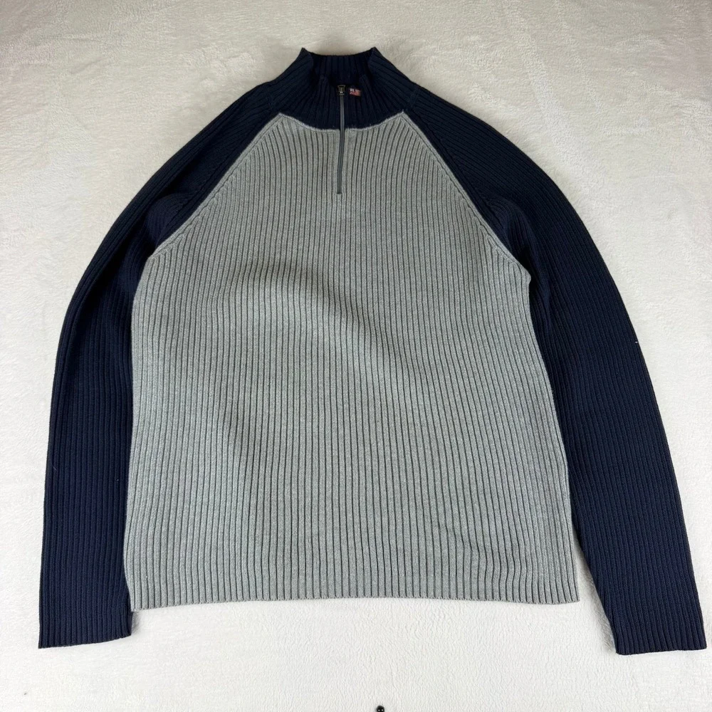 Polo Ralph Lauren Vintage 1/4 Zip Raglan Sweater Mens Large Grey Navy Ribbed